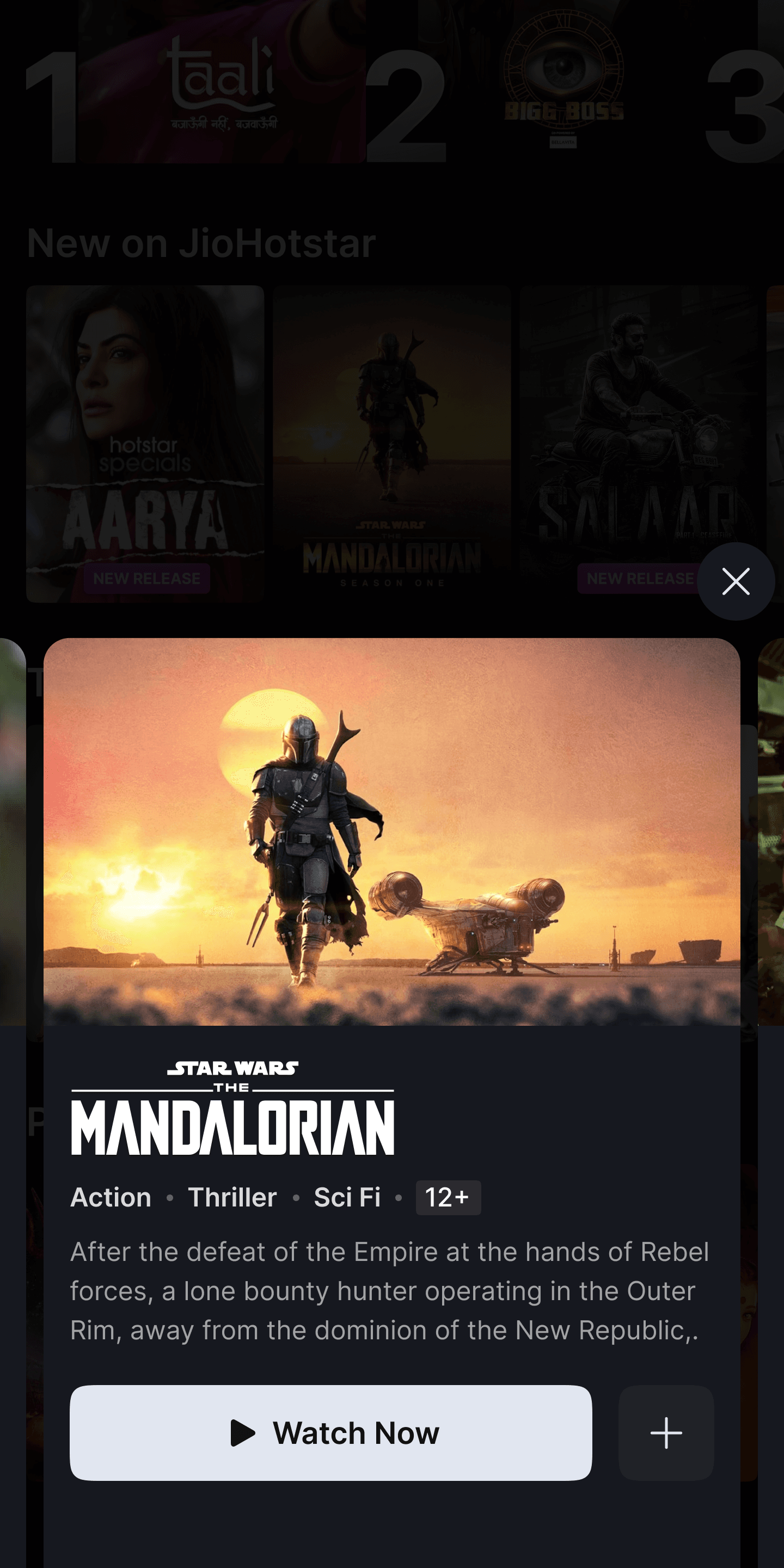 Disney+ Hotstar Browse Sheet open over the home feed